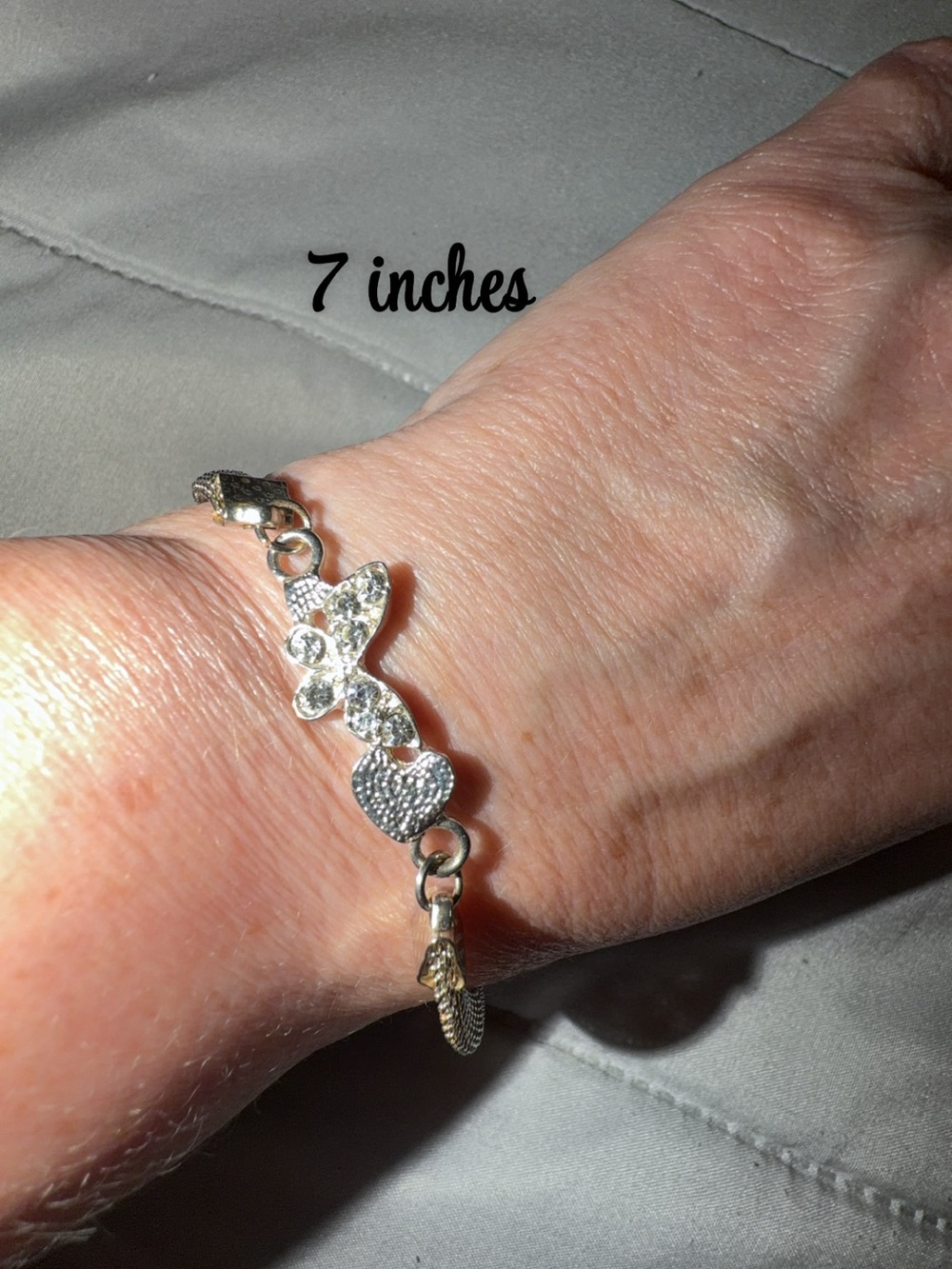 Sterling Silver Heart & Butterfly Bracelet with Clear Stones - 7 Inches